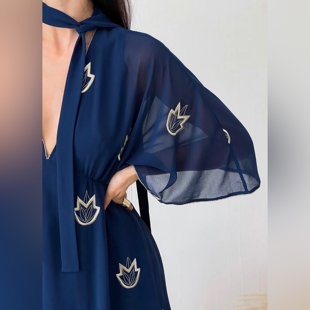Stevie May Embroidered Leaf Dress V Neck, Lined, Empire Waist Open Back Size XS - Picture 16 of 16